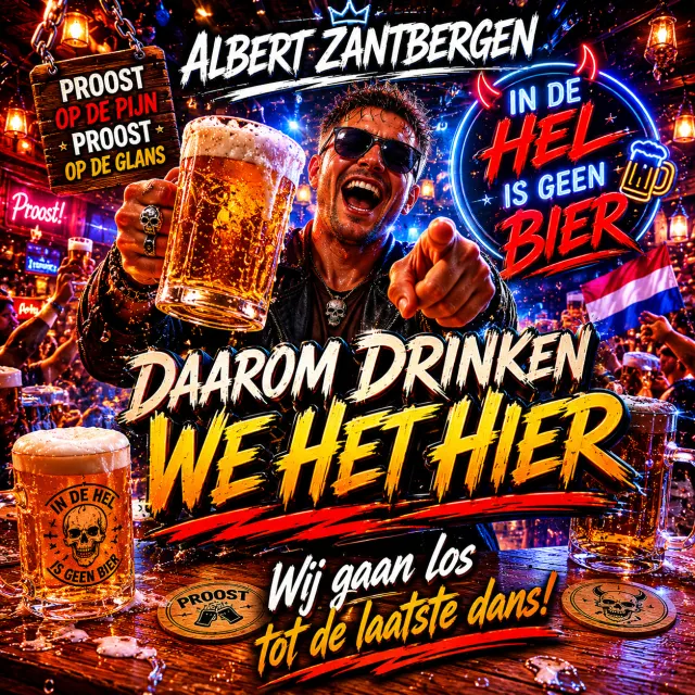 Cover van In de hel is geen bier daarom drinken we het hier door Albert Zantbergen AI